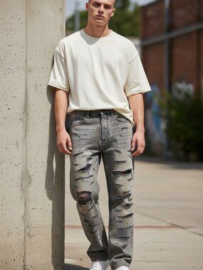 MNML Ultra Baggy Jeans Mens 31 Black Thrashed Distressed Streetwear Y2K NWT